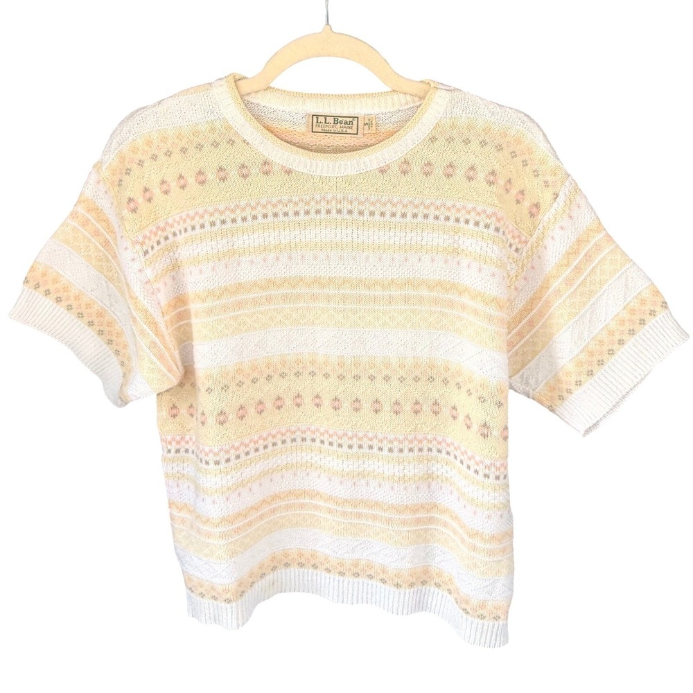 T11 L.L. Bean Sweater Short Sleeve Fair Isle Pastel 90s Vintage USA 100% Cotton